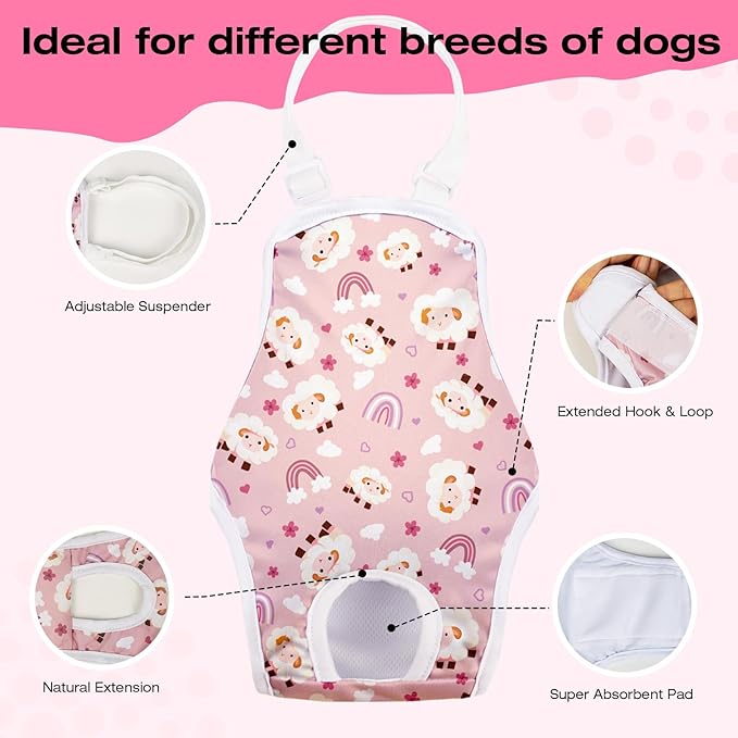 3 Pack Washable Female Dog Diapers with Adjustable Suspender, Reusable Sanitary Panties for Dogs in Heat, Leak-Proof Design for Small Dogs(S, Animal)