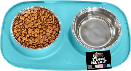 GORILLA GRIP Feeding Mat Bowl Set, 4 Cup 100% Waterproof BPA Free Silicone, 304 Stainless Steel Cat and Dog Bowls for Food and Water, Slip Resistant, High Edge, US Designed, Patent Pending, Turquoise