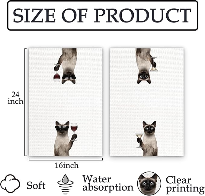 Siamese Cat Gifts Wine Kitchen Towels Set of 2, Funny Cats Martini Lover Decorative Hand Dish Towel for Kitchen Home Bar, Gift for Siamese Cat Martini Wine Lovers Home Bar Decor(16x24Inch)
