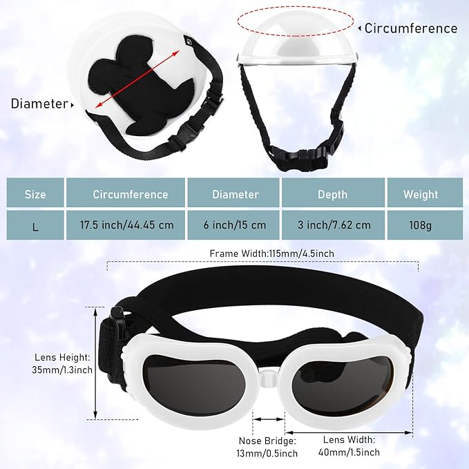 Frienda Dog Helmet and Goggles, UV Protection Doggy Sunglasses and 4 Inch Padded Puppy Motorcycle Helmet Adorable Dog Goggles with Adjustable Belt for Small Dogs Puppy Riding (White,L)