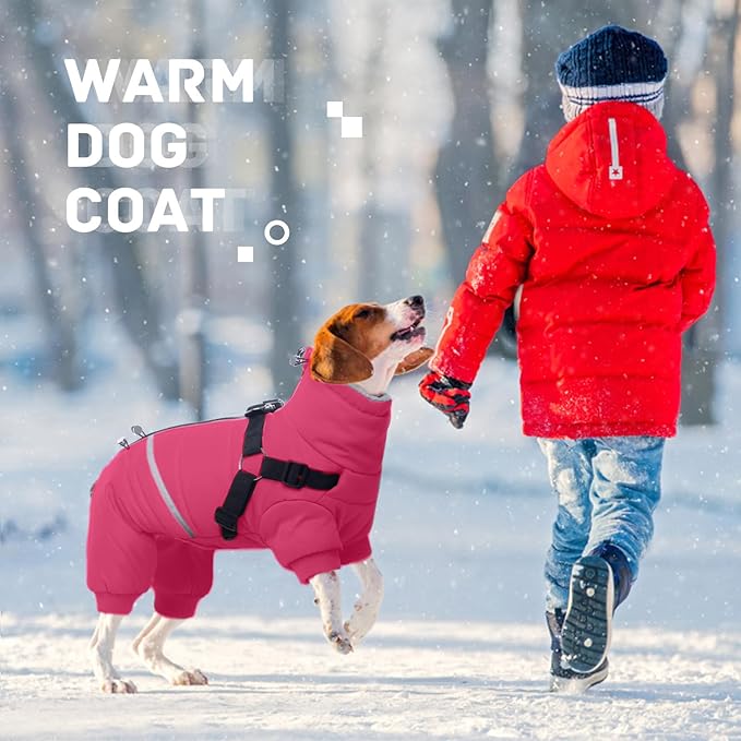 BRKURLEG Dog Winter Coat with Harness Built in, Winter Dog Jacket for Small and Medium Dogs, Small Dogs Snowsuit Reflective Windproof Cold Weather Coat, Puppy Warm 100% Polyester Coats, Hot Pink, M