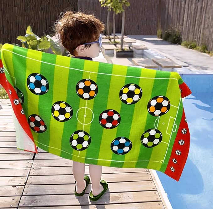 YIFONTIN Kids Beach Towel Super Soft Absorbent Throw Blanket 24X48 inch 100% Cotton for Kids Swimming Bath Camping, Soccer Green Stripes.