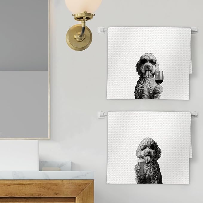 Goldendoodle Gifts Wine Kitchen Towels Set of 2, Funny Goldendoodle Wine Lover Decorative Hand Dish Towel for Kitchen Home Bar, Gifts for Golden Doodle Dog Beer Lovers Home Bar Decor(16x24Inch)