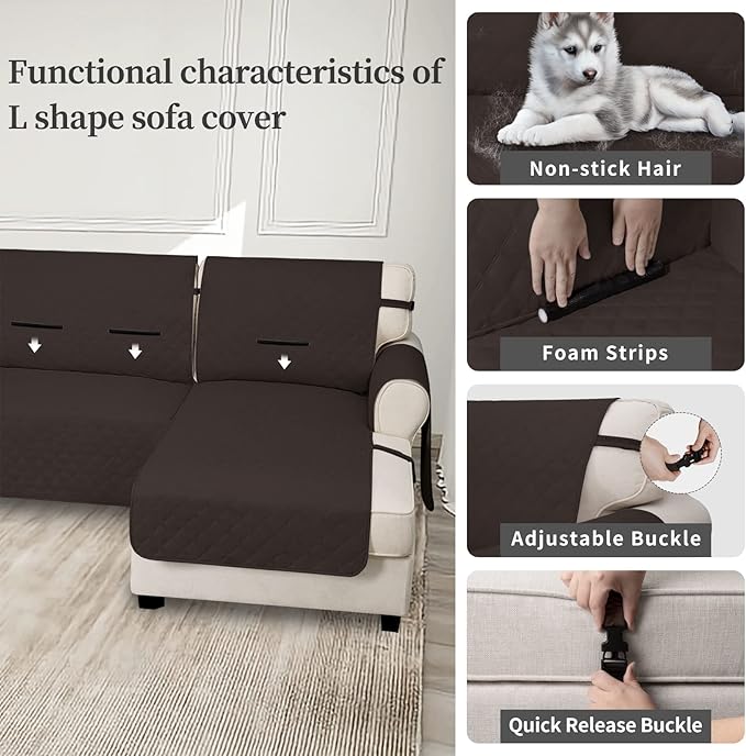 Easy-Going Waterproof Sectional Couch Covers with Chaise 2-Piece Non Slip L Shape Sofa Cover for Dogs Leakproof Furniture Protector Cover with Adjustable Strap for Pets (Large, Chocolate)