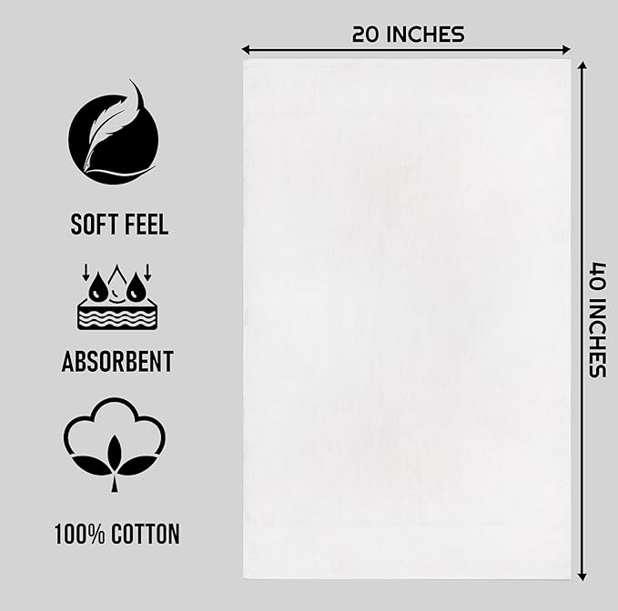 ZUPERIA White Bath Towels Bulk 12 Pack (20 x 40 Inches) - 100% Cotton Economy Light Weight Towels for Commercial Use - Quick Dry, Ultra-Soft, and Absorbent Bulk Towels
