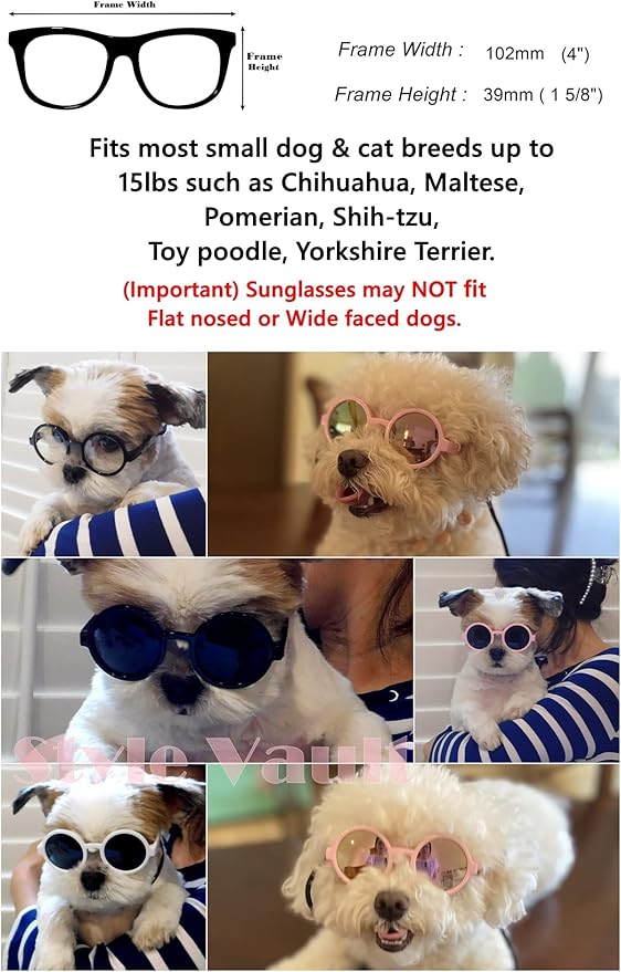 G015 Dog Cat Pet Costume Glasses Goggles for Small Breeds up to 15lbs (Round Black-Clear Lens)