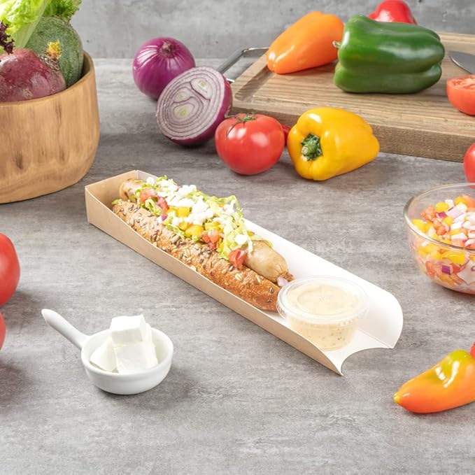 Restaurantware-Bio Tek 11.8 x 2 x 1.3 Inch Hot Dog Trays Pak of 200 Open-Design Hot Dog Containers - 3-Walled, Greaseproof, Recyclable, Disposable, Kraft Paper Serving Trays For Food Trucks