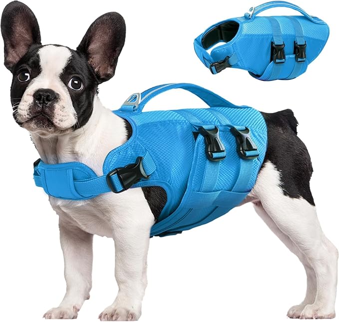 Kuoser Dog Life Jacket, High Flotation Dog Water Vest for Swimming Boating, Reflective Doggie Swimming Vest Pet Life Preserver with Rescue Handle, Blue S