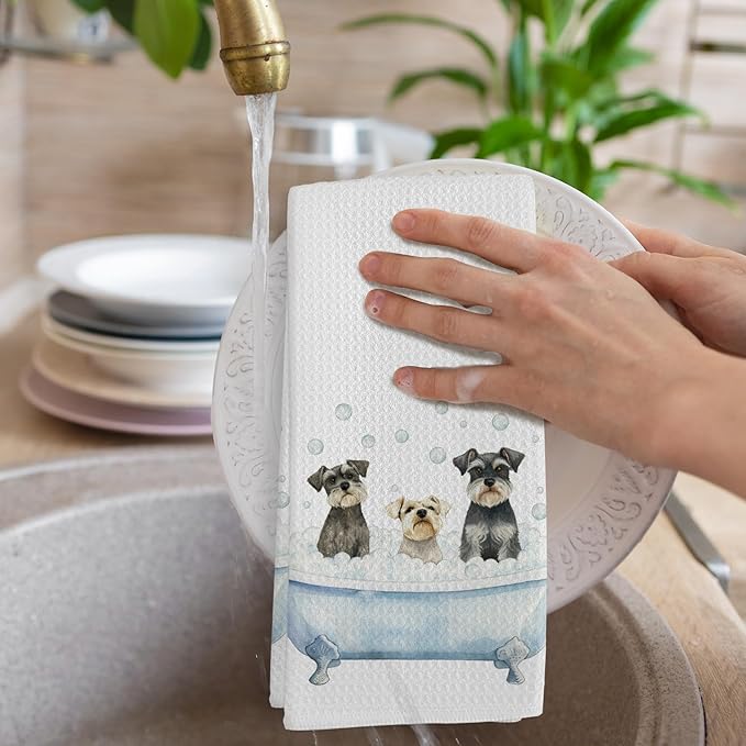 Schnauzer Dog Bathroom Hand Towel, Schnauzers Gifts for Women, Funny Mini Schnauzer Hand Towel for Bathroom Kitchen Washroom Decor, Miniature Schnauzers Dogs in Bathtub Dish Tea Towels, 16x24