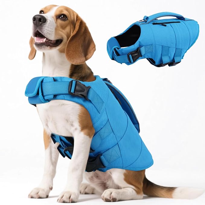 Kuoser Dog Life Jacket, High Flotation Dog Life Vest for Swimming Boating, Adjustable Small Medium Large Dogs Swim Vest with Rescue Handle and Pocket, Reflective Safety Pet Lifejacket Floats for Pool