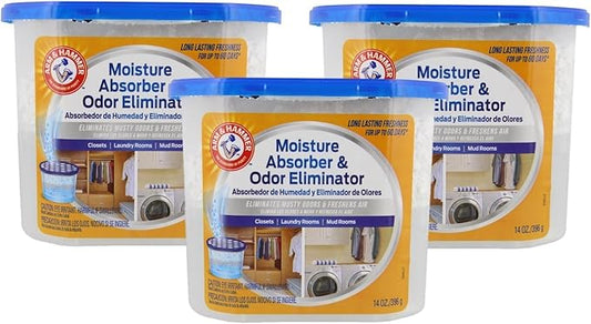 Arm & Hammer Moisture Absorber & Odor Eliminator 14oz Tub, 3 Pack - Eliminates Musty Odors & Freshens Air for Closets, Laundry rooms, Mud Rooms, white