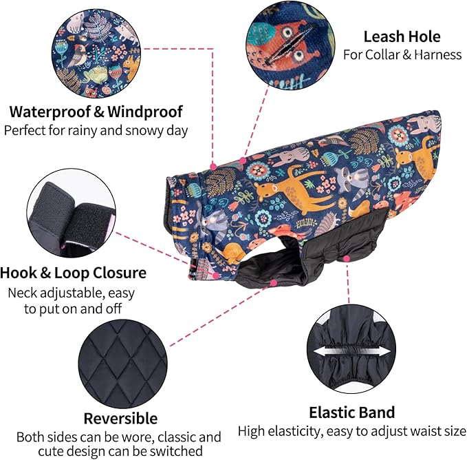 CuteBone Winter Dog Coat - Waterproof Windproof Reversible Jacket with Leash Hole - Thick Adjustable Soft Coats for Small to Large Dogs
