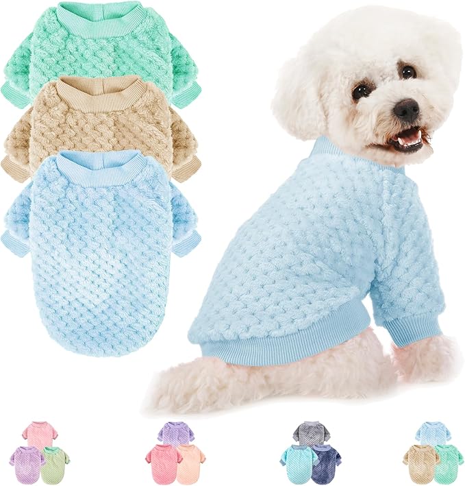 POMIU Dog Sweater, Dog Sweaters for Small Medium Dogs or Cat, Warm Soft Flannel Pet Clothes for Dogs Girl or Boy, Dog Shirt Coat Jacket (Ice Blue+Light Coffee+Teal, XX-Small)