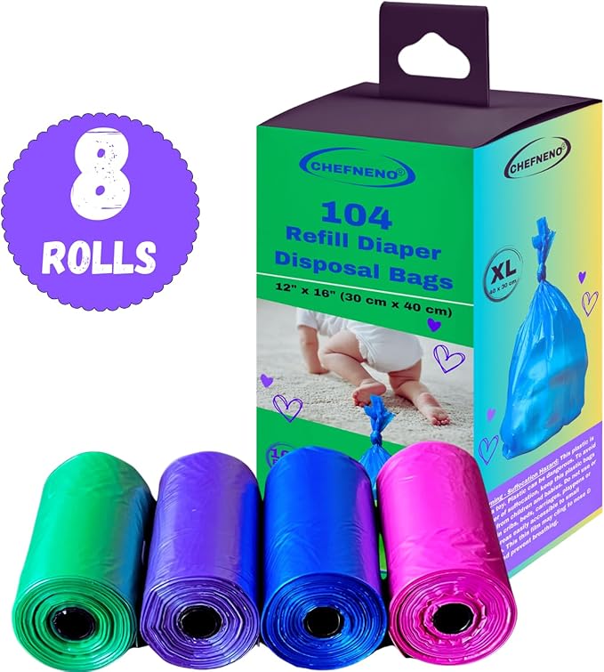 Baby Diaper Bag Disposable Refill 8 Rolls (104 Diaper Sacks) Dog Poop Waste Bags Cat Litter Clump & Poop Bags Sanitary Pad Waste Bags (8 Rolls, Unscented)