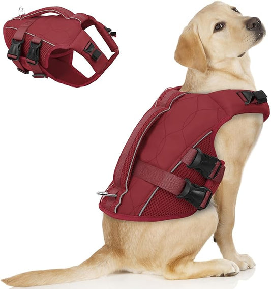 ASENKU Dog Life Jacket, High Floatation Dog Swimming Vest with Rescue Handles for Small Medium Large Dogs, Pet Safety Swimsuit Preserver for Pool Beach Boating (WineRed, XL)