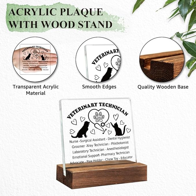 Veterinary Technician Acrylic Sign With Wooden Stand, Funny Dog Cat Home Office Desk Decor Plaque Gifts, Appreciation Vet Tech Gifts for Veterinary Technologists, Thank You Vet Gifts
