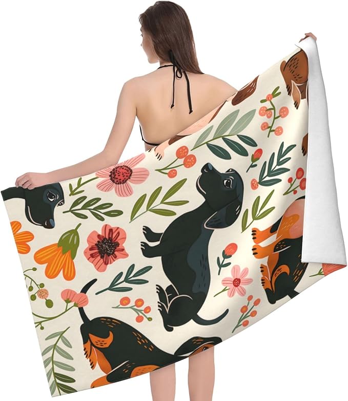 Dachshund Floral Beach Towel 31inx51in, Cute Dog Sand-Free Microfiber Bath Towel Ultra Soft Quick Dry Pool Towel Absorbent Towel Lightweight Towel for Swimming Bathroom Decor