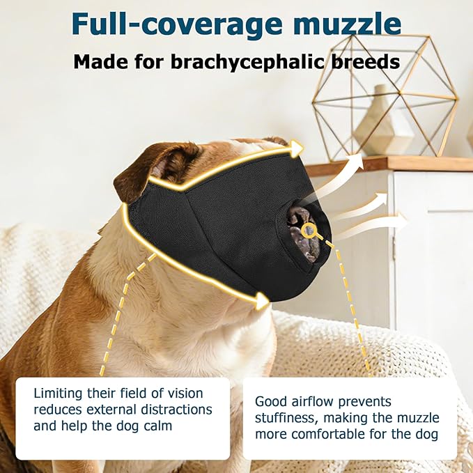 BARKLESS French Bulldog Calming Muzzle, Short Snout Shading Eye Mask to Help Calm The Dog Down, Soft Dog Muzzle for Grooming Vet Visits, Mouth Guard Prevent Biting (Black, S)