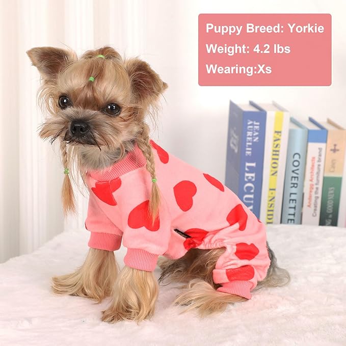 Dog Pajamas Small Sized Dogs Girl Boy Super Soft Puppy Clothes Fleece Puppy Pjs Jammies 4 Leg for Chihuahua Yorkie Spring Onesies Jumpsuit Clothing Cute Pet Outfits, Pink Heart, M