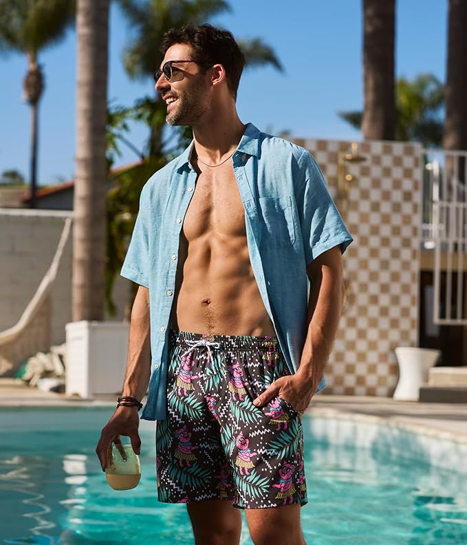 Tipsy Elves Men's Stretch Swim Trunks 7 Inch Inseam 4-Way Stretch with Mesh Liner - Quick-Dry Funny Swimwear Bathing Suit