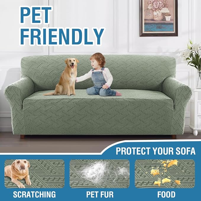 H.VERSAILTEX Jacquard Sofa Covers 1 Piece High Stretch Sofa Covers Furniture Protector Anti-Slip Soft Thickened Slipcovers Washable Pets Dogs Friendly Wind Bell Pattern(Sofa, Sea Grass)
