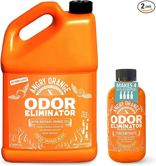 ANGRY ORANGE Pet Odor Eliminator – Citrus Concentrate (8 oz, Makes 128 oz) + 1 Gallon Cleaner for Dog and Cat Urine, Stains, and Odors