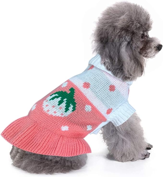 CHBORCHICEN Pet Dog Sweaters Classic Knitwear Turtleneck Winter Warm Puppy Clothing Cute Strawberry and Heart Doggie Sweater (L, Dress-Pink)