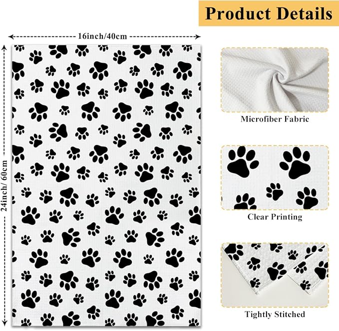 Black and White Dog Paw Print Kitchen Towels and Dishcloths Set of 2, Cute Decorative Hand Towel Drying Cloth for Bathroom, Gifts for Dog Lovers, Hostess, Women, 16x24 Inches -18