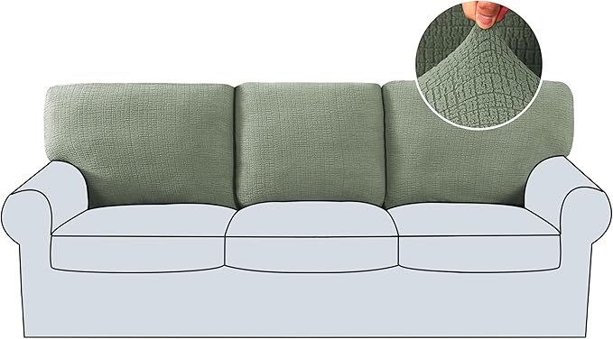 H.VERSAILTEX Jacquard 3 Piece Sofa Cover Set High Stretch Sofa Covers for 3 Cushion Couch Anti-Slip Furniture Protector with Elastic Bottom Soft Thick Fabric Crizzle Pattern(3 Back Covers, Sea Grass)