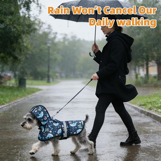 KOOLTAIL Dog Raincoat Hooded Slicker Poncho with Leash Hole, Dog Raincoat for Small Medium Dogs,Waterproof Plush Fleece Lining Pet Rain Jacket with Reflective Adjustable Strip Puppy Rainwear Shark M