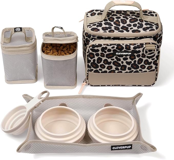 Cleverpup Small 7-Piece Bistro Box Dog Food Travel Kit, 6-Cup BPA-Free Kibble Storage, 2 Silicone Bowls, Mat & Scoop - Portable Pet Food Kit for Weekends, Overnights, Daycare & Camping, Leopard