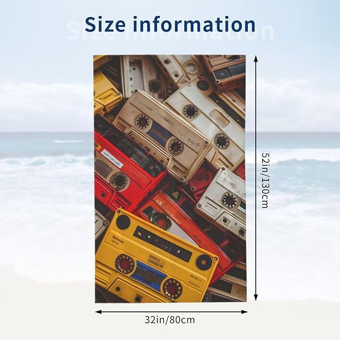 Retro Cassette Tape Beach Towel Music Sand-Free Microfiber Bath Towel Ultra Soft Quick Dry Pool Towel Absorbent Towel Lightweight Towel Gifts for Outdoor Bathroom Swimming Decor 31inx51in