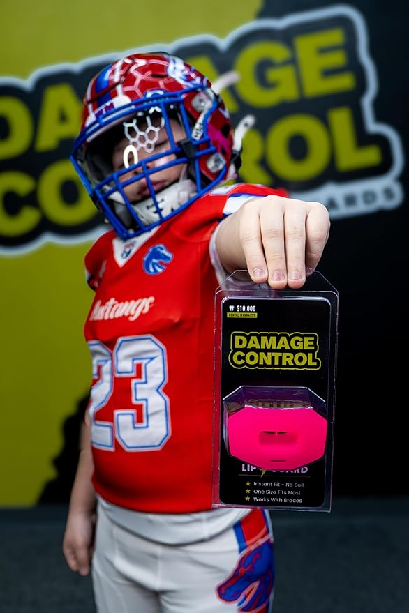 DAMAGE CONTROL Youth Football Mouth Guard – Breathable No Boil Mouthpiece, Protects Lips & Teeth, Works with Braces, Includes Helmet Strap – Sports Gear & Accessories (Hot Pink)