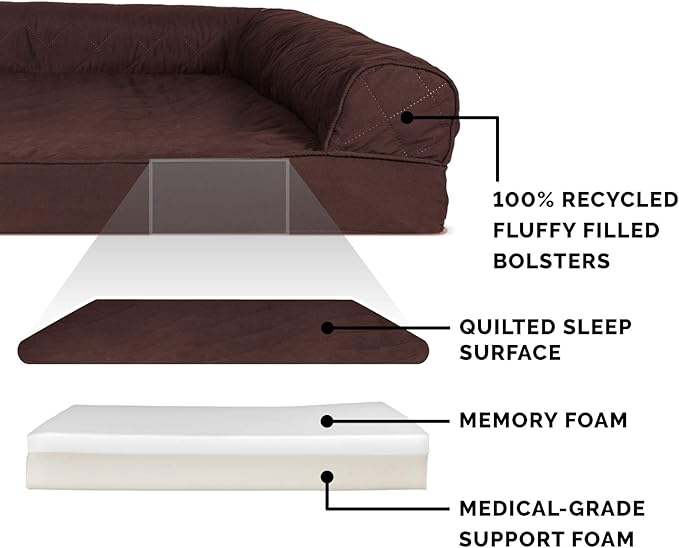 Furhaven Memory Foam Dog Bed for Large Dogs w/ Removable Bolsters & Washable Cover, For Dogs Up to 125 lbs - Quilted Sofa - Coffee, Jumbo Plus/XXL