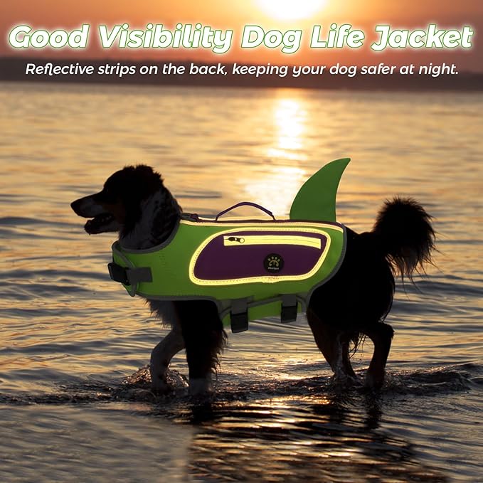 Dog Life Jacket, High Buoyancy Shark Dog Safety Vest, Neoprene Pet Life Preserver with Good Visibility and Reflective, Puppy Swim Floating Vest with Rescue Handle for Boating (Green, Small)