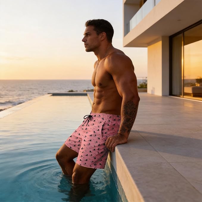 Mens Swim Trunks with Compression Liner Quick Dry Zipper Pocket Bathing
