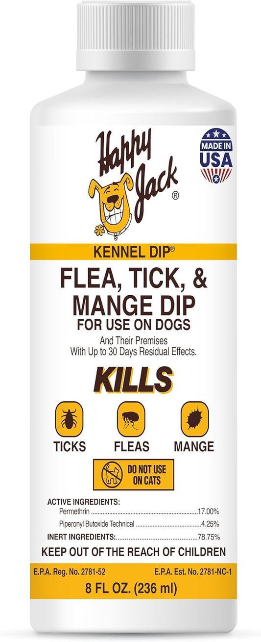 Happy Jack Kennel Dip Dog Flea and Tick Treatment & Prevention, Made in USA, Spray Yard & Home 30-Day Control, Kills Fleas, Ticks, Deer Ticks, Mange, Lice, for Puppies, Small to Large Dogs (8 oz)