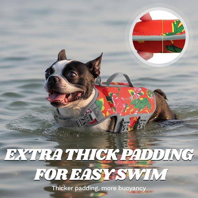 VIVAGLORY High Buoyancy Dog Life Vest, Swimming Vest with Handle, Dog Life Jacket for Swimming & Boating, Buoyancy for Puppy Doggy, M, Northeast Florals-Red