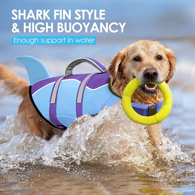 AOFITEE Dog Life Jacket, Dog Life Vest for Swimming, Shark Dogs Swimming Vest with Rescue Handle and Reflective Stripe, Ripstop Pet Float Coat Swimsuit Lifesaver Small Medium Large Dogs Purple XS