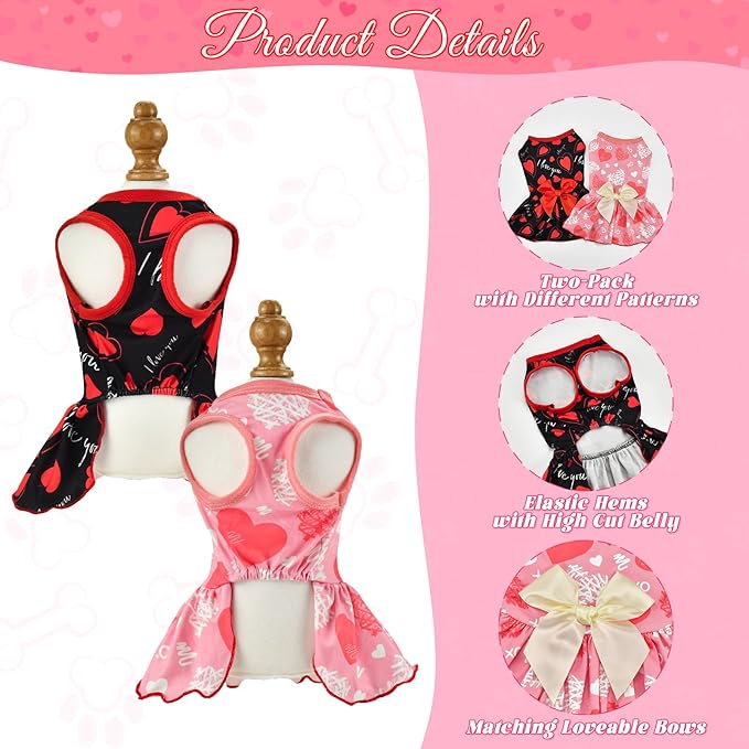 Vehomy 2-Pack Valentine's Day Dog Cat Dress Love Heart Dog Dresses Puppy Valentines Day Skirt Dog Pet Valentines Day Costume Outfit Apparel Clothes for Small Medium Dogs Cats S