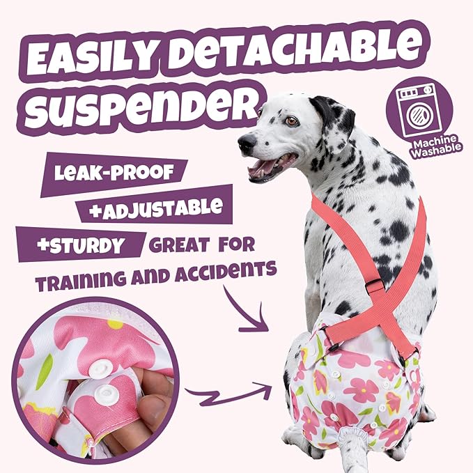 Pet Soft Dog Diapers Female with Suspenders, 3 Pack Reusable Female Dog Diapers for Heat, Dog Period Panties for Doggie in Cycle(X-Large, Flowers)