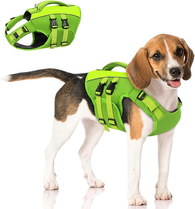 Queenmore Dog Life Jacket, Adjustable Ripstop Dog Life Vest for Swimming Boating, Pet Lifesaver with Superior Buoyancy and Rescue Handle, Pet Swimming Safety Vest(Green,L)