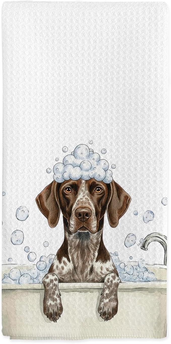 German Shorthaired Pointer Gifts Hand Towels, Dog Bathroom Decor, Funny GSP Dogs Dish Tea Towels, German Shorthaired Pointer Dog in Bathtub Hand Towel for Toilet Kitchen Restroom Decor,16x24