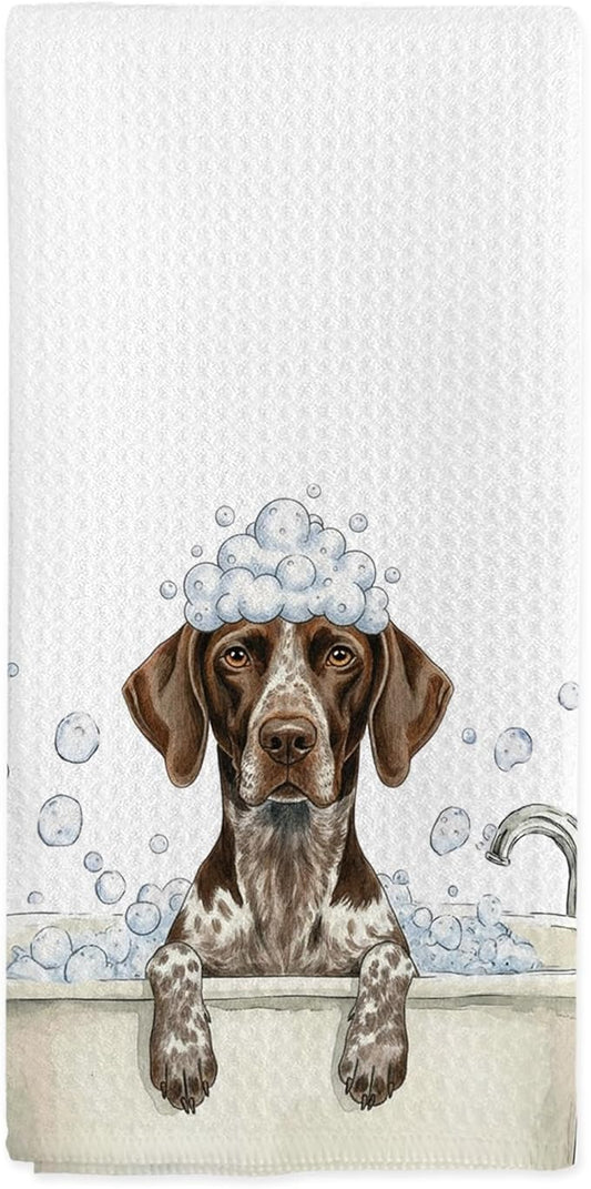 German Shorthaired Pointer Gifts Hand Towels, Dog Bathroom Decor, Funny GSP Dogs Dish Tea Towels, German Shorthaired Pointer Dog in Bathtub Hand Towel for Toilet Kitchen Restroom Decor,16x24