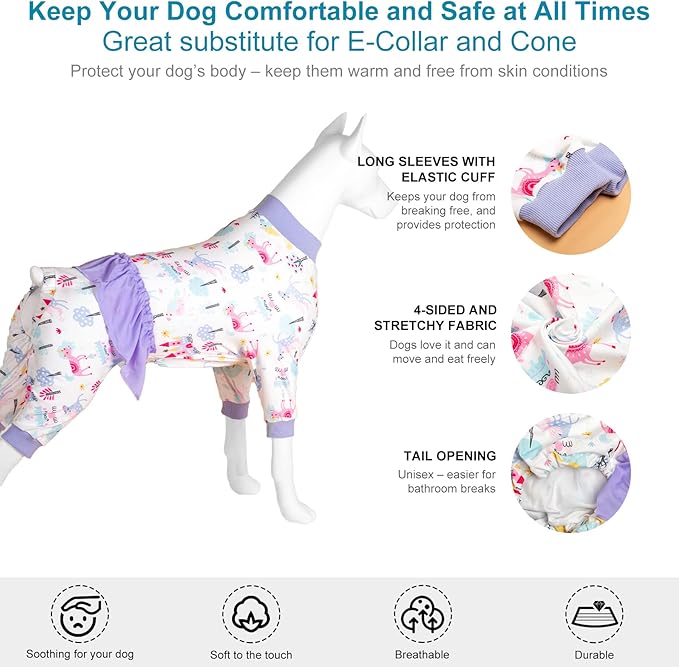 LovinPet Dog Pjs Medium - High Collar Cotton Dog Onesie, UV Protection, Post Surgery Recovery Shirt,Lightweight Stretchable Fabric, Fairytale Print, Pet Pajamas for Dogs, Purple M