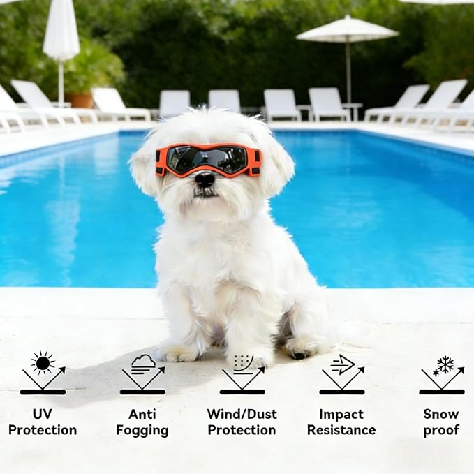 Enjoying Dog Sunglasses Small Breed, Dog Goggles UV Protection, Cycling Eye Protection for Small Dogs, Outdoors Breathable Windproof Dustproof Anti-Fog, Adjustable Straps, Cool Orange