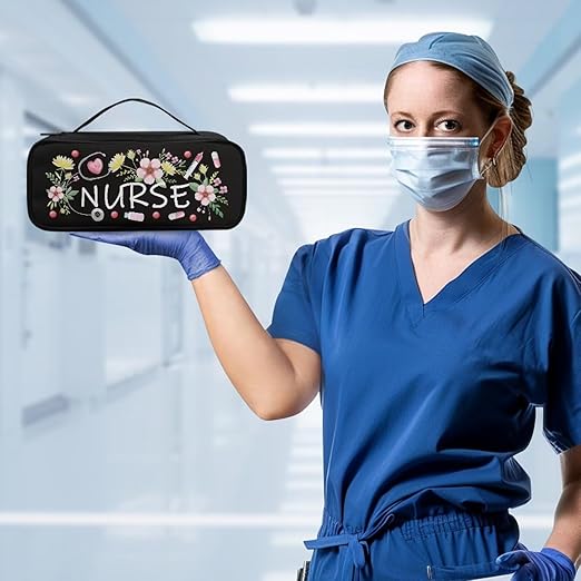 Gomyblomy Flowers Stethoscope Carrying Case with Extra Room, Black Stethoscope Holder Storage Bag with Handle for Nurse and Doctors, Universal Lightweight Stethoscope Case