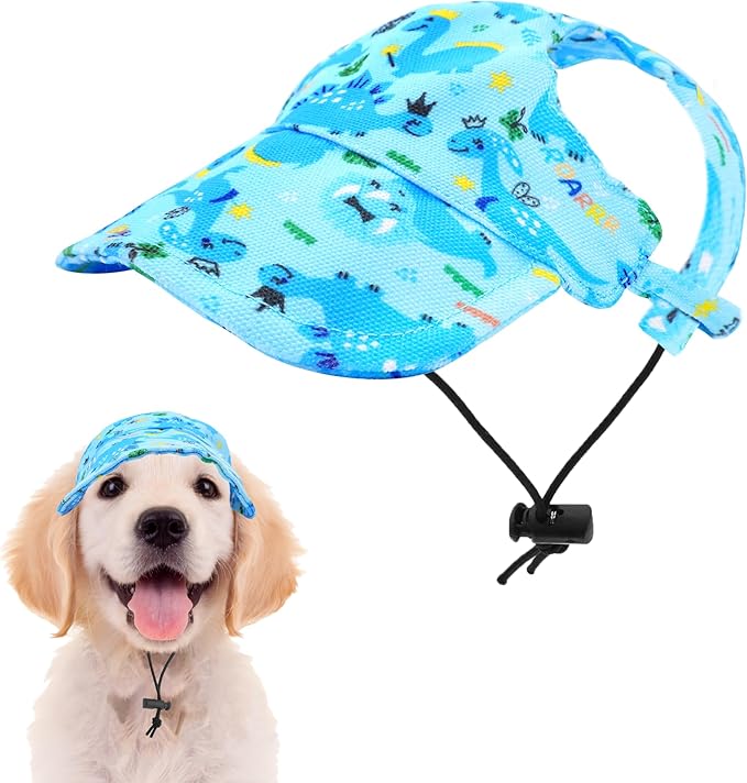 Dinosaurs Sun Hats for Small Medium Dogs Blue Dino Dog Baseball Cap Dog Trucker Hats with Ear Holes M