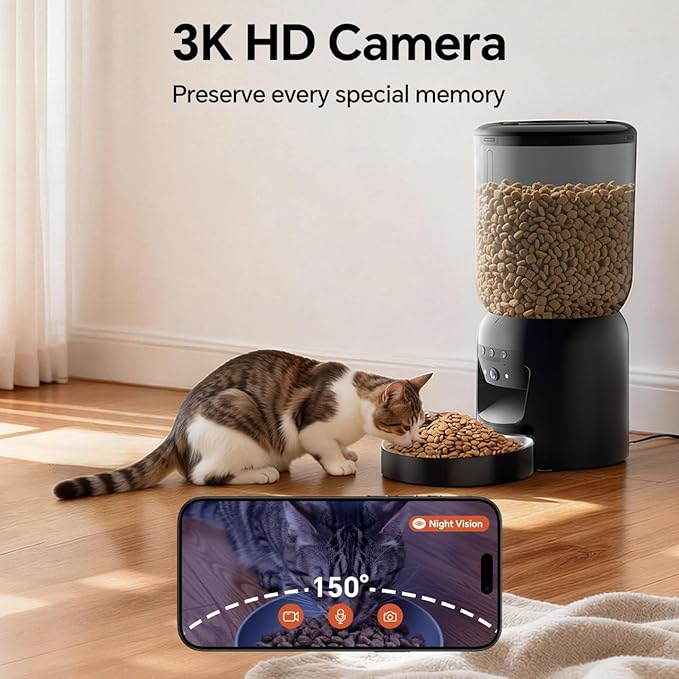Automatic Cet Feeder with Camera, 5G/ 2.4GWiFi, 3K HD App Control - Smart Dog Cat Feeder, 2-Way Audio, Night Vision, Slow Feed, 6L Capacity, Battery Backup, Anti-Jam, Freshness Seal, Black