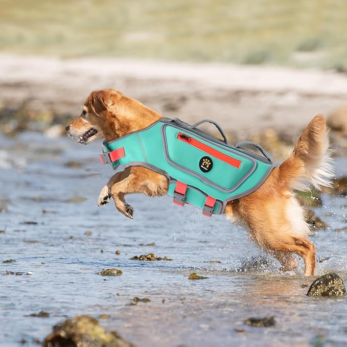 Dog Life Vest for Swimming, High Flotation Dog Life Jacket for Large Dogs Good Visibility Reflective Puppy Floating Vest, Adjustable Neoprene Pet Swimsuit with Rescue Handle, Turquoise, L